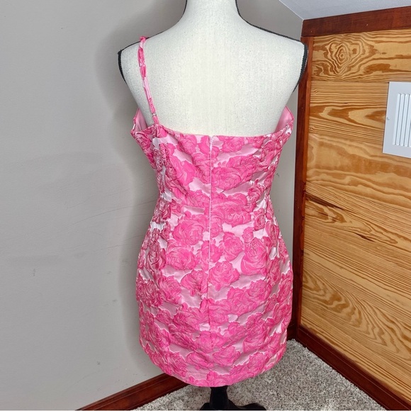Lulus Flowery Fete Pink Floral Jacquard One Shoulder Mini Dress Large L Party - Picture 3 of 11